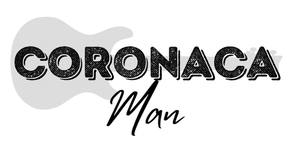 a gray guitar silhouette with the words CORONACA man over it